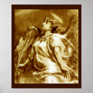 ROMANTIC ANGEL WITH FEATHER IN BROWN SEPIA,WHITE POSTER