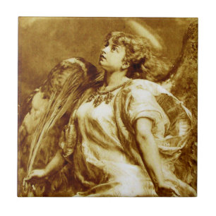 ROMANTIC ANGEL WITH FEATHER IN BROWN SEPIA,WHITE TILE
