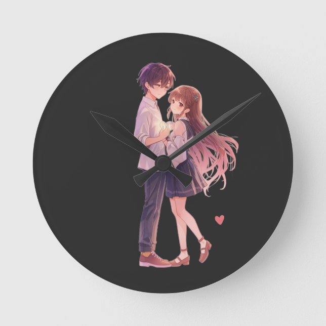 Romantic Anime Couple - Cute Aesthetic Lovers Art  Round Clock (Front)