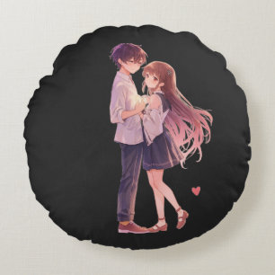 Romantic Anime Couple - Cute Aesthetic Lovers Art  Round Cushion