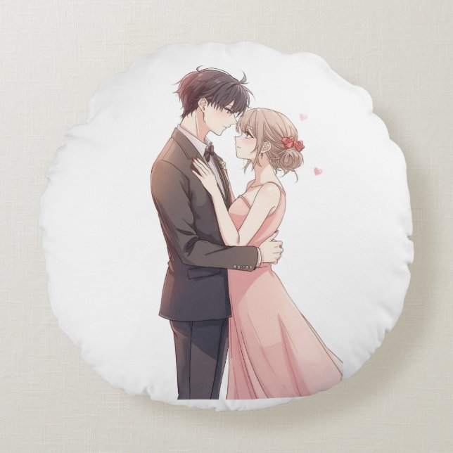 Romantic Anime Couple Embrace T-Shirt Round Cushion (Front)