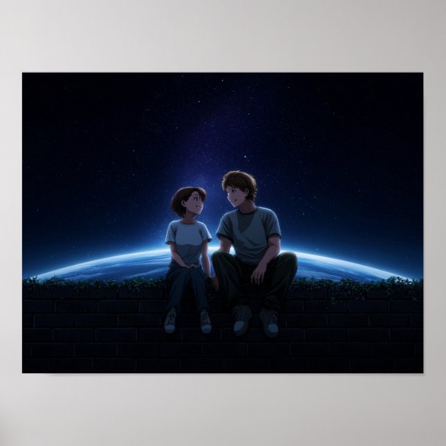Romantic Anime Couple Sitting Under Starry Cosmos Poster (Front)