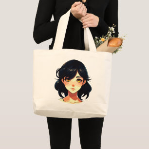 Romantic Anime Dream: Blue-Haired Beauty Large Tote Bag