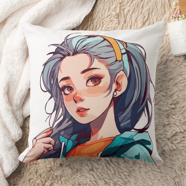 Romantic Anime Girl with Colourful Light Hair Cushion (Blanket)