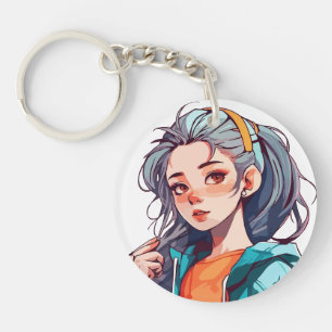 Romantic Anime Girl with Colourful Light Hair Key Ring