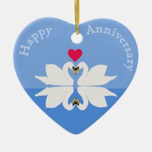 Romantic Anniversary Swan Heart Ceramic Ornament
