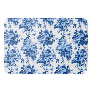 Romantic Antique Vintage Roses-Blue on White Bath Mat