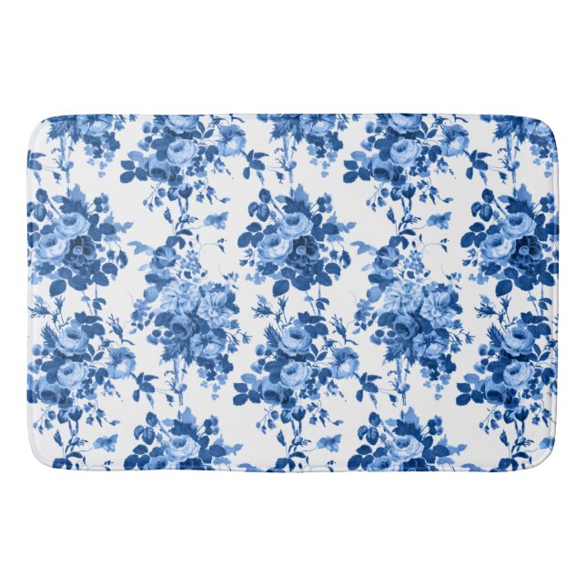 Romantic Antique Vintage Roses-Blue on White Bath Mat (Front)