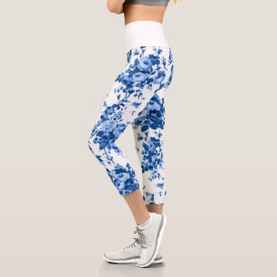 Romantic Antique Vintage Roses-Blue on White Capri Leggings