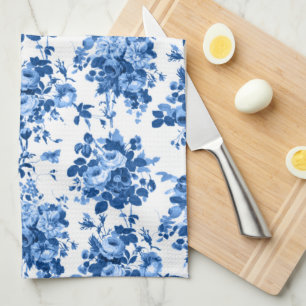 Romantic Antique Vintage Roses-Blue on White Tea Towel