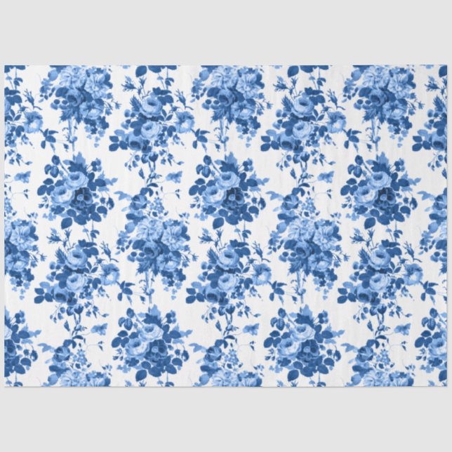 Romantic Antique Vintage Roses-Blue on White Tissue Paper (Front)