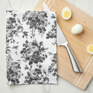 Romantic Antique Vintage Roses-Grey on White Tea Towel