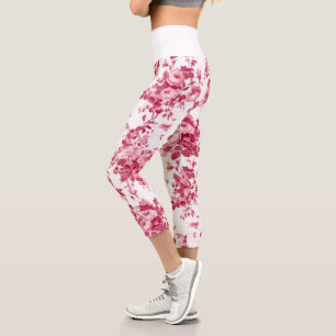 Romantic Antique Vintage Roses-Pink on White Capri Leggings