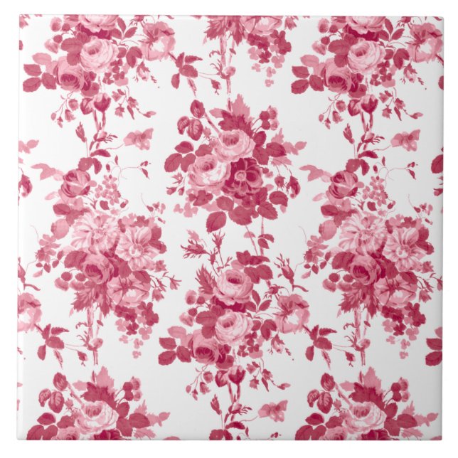 Romantic Antique Vintage Roses-Pink on White Tile (Front)