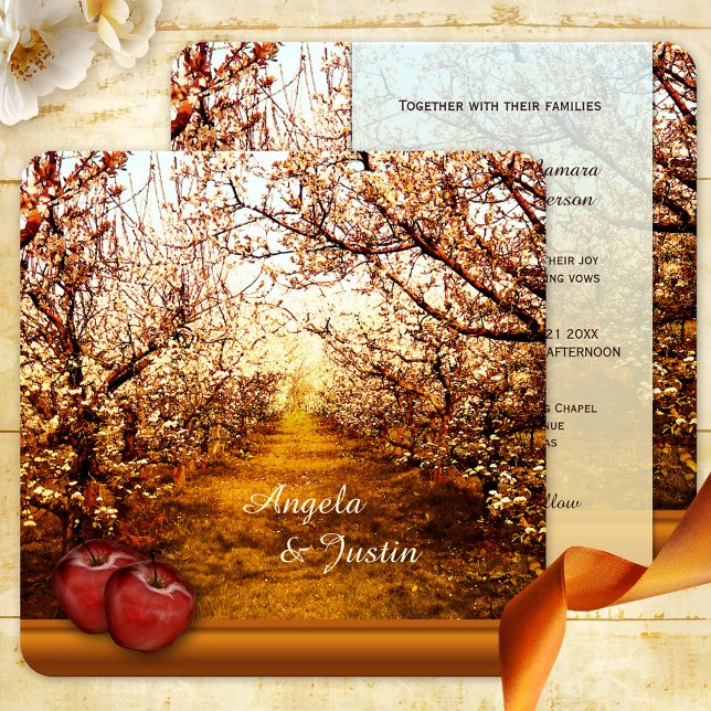 Romantic Apple Orchard Wedding Invitation (Colorful wedding invitation featuring a orchard and apples in sunny ocher and reds)