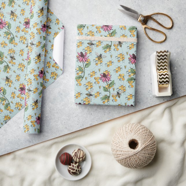 Romantic Aqua Queen Bee, Honeycomb & Flowers  Wrapping Paper (Crafts)