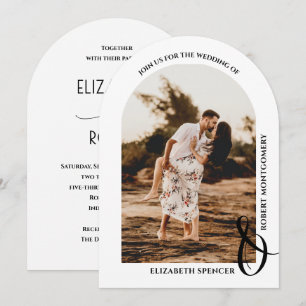 Romantic Arched Photo Black and White Wedding Invitation