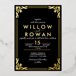 Romantic Art Deco Gold & Black Foil Invitation
