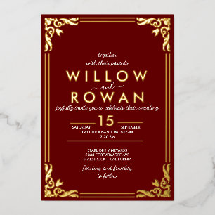 Romantic Art Deco Gold & Burgundy Foil Invitation