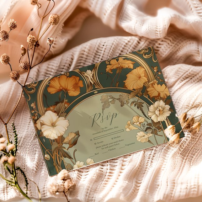 Romantic Art Nouveau Botanical Frame Wedding RSVP Card (Creator Uploaded)
