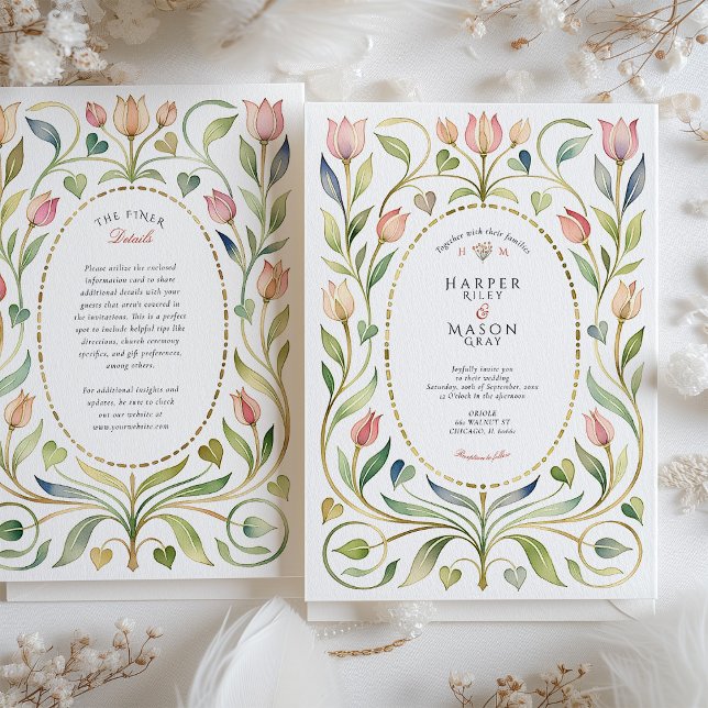 Romantic Art Nouveau Tulip & Hearts Gold Wedding Invitation (Creator Uploaded)