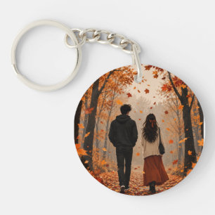 Romantic Autumn Couple Keychain Fall Leaves Coup