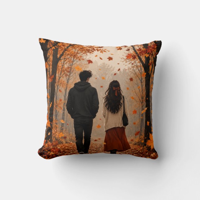 Romantic Autumn Couple Throw Pillow | Fall Forest  (Front)