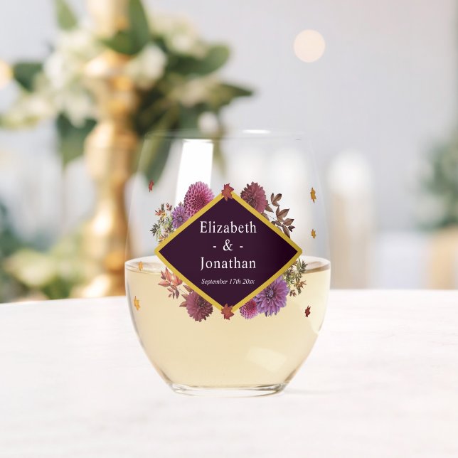 Romantic Autumn Dahlia Wedding Stemless Wine Glass (Insitu (Wedding))