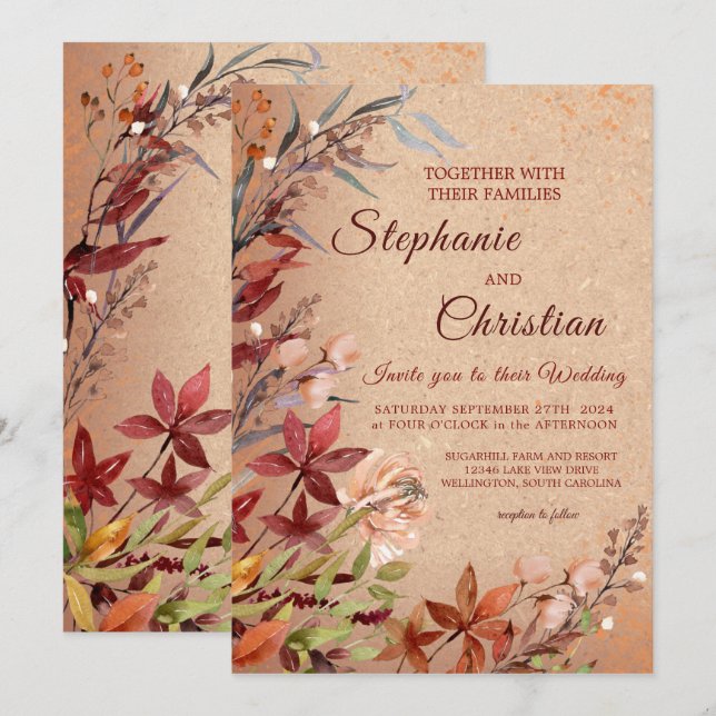 Romantic Autumn Floral Rustic Burgundy Wedding Invitation (Front/Back)