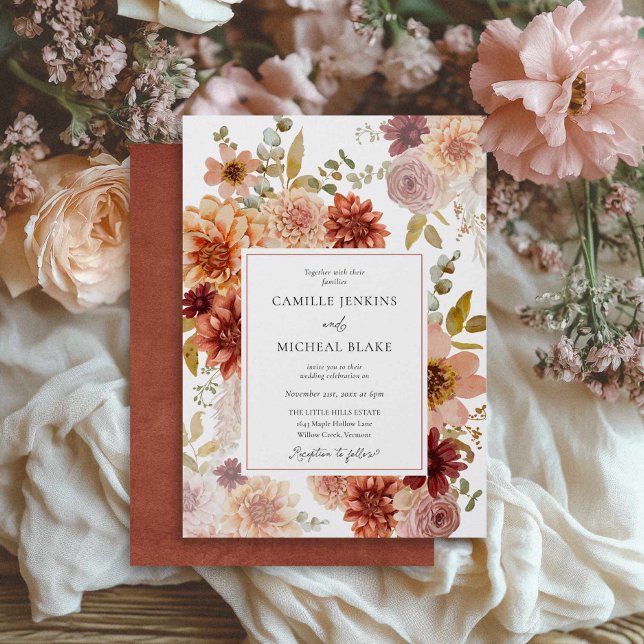 Romantic Autumn Floral Wedding Invitation (Fall Burgundy Rustic Wedding Invitation)