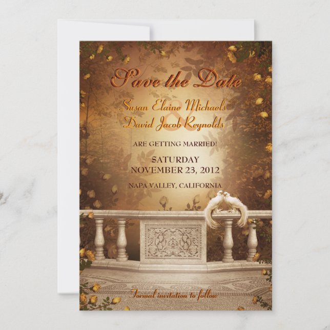 Romantic Autumn Leaves and Roses Save the Date Invitation (Front)