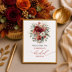 Romantic autumn marsala floral bridal shower welco poster
