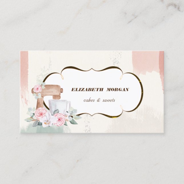 Romantic Bakery ,Watercolor Mixer Flowers Business Card (Front)