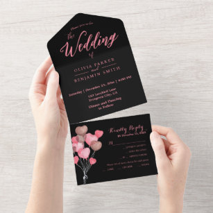 Romantic Balloon Black Pink Calligraphy Wedding All In One Invitation