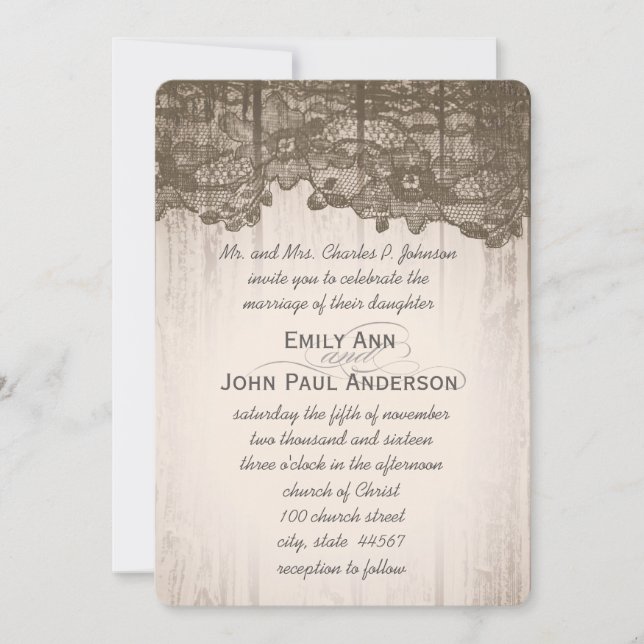 Romantic Barn Wood and Lace Elegant Wedding Invitation (Front)