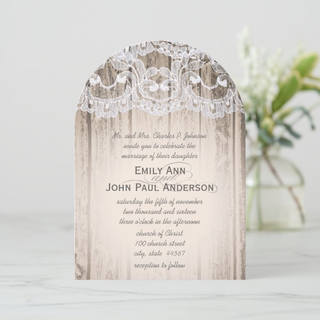 Romantic Barn Wood and Lace Elegant Wedding Invitation (Standing Front)