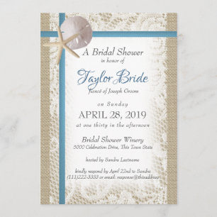 Romantic Beach and Lace Blue Bridal Shower Invitation