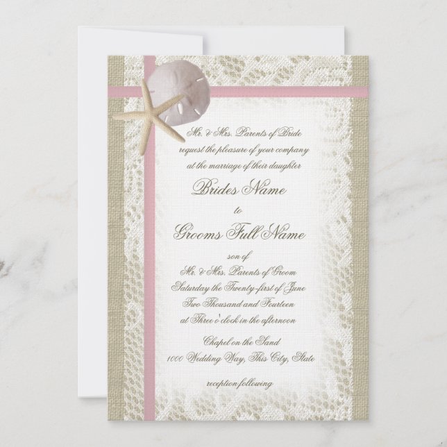 Romantic Beach and Lace Pink Wedding Invitation (Front)