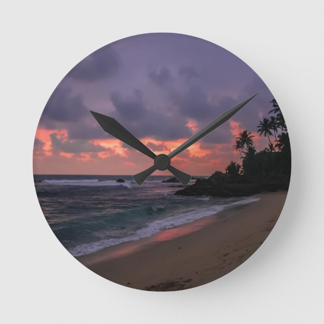 Romantic Beach at Dusk Round Clock (Front)