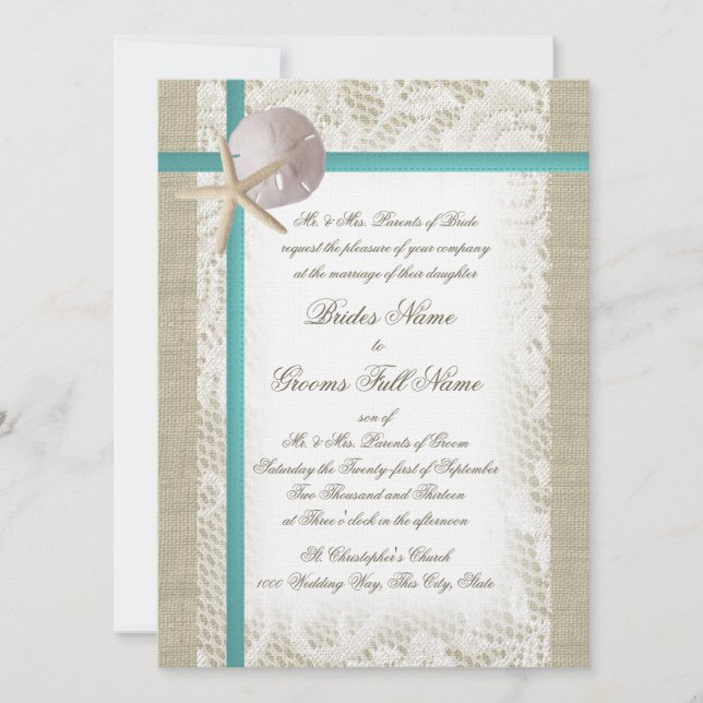 Romantic Beach Burlap and Lace Aqua Invitation (Front)