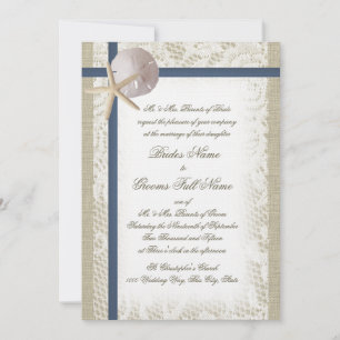 Romantic Beach Burlap and Lace Navy Blue Invitation