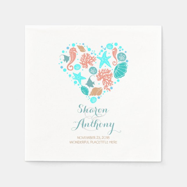 Romantic Beach Heart White Wedding Paper Napkins (Front)