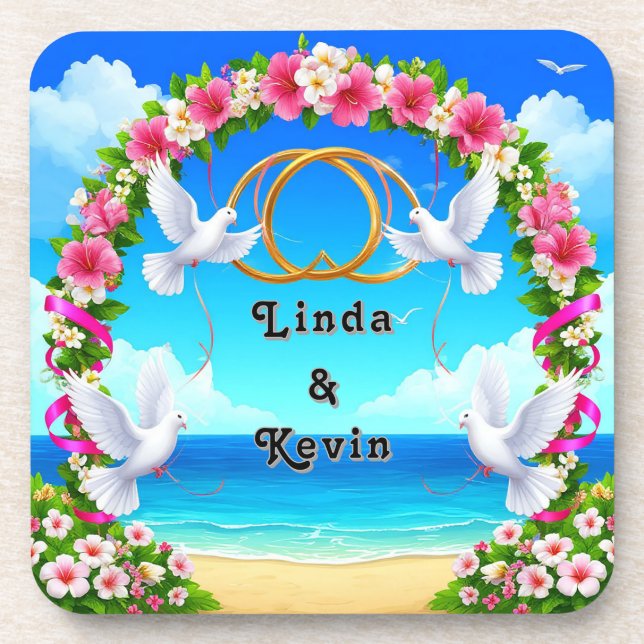 Romantic Beach Ocean Scene with Floral Arch Coaster (Front)