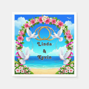 Romantic Beach Ocean Scene with Floral Arch Napkin