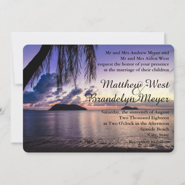Romantic Beach Purple Sunset Wedding Invitation (Front)