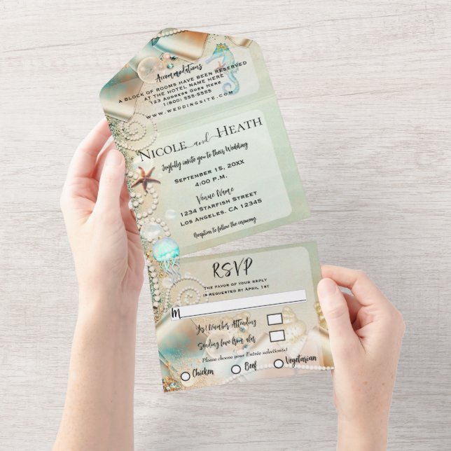 Romantic Beach Starfish & Pearls Elegant Wedding   All In One Invitation (Tearaway)