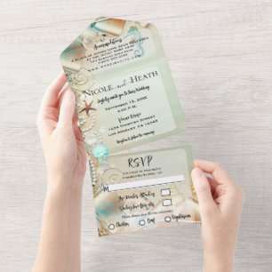 Romantic Beach Starfish & Pearls Elegant Wedding   All In One Invitation