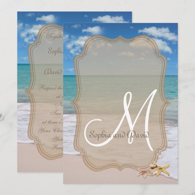 Romantic Beach Starfishes Wedding Monogram Invite (Front/Back)