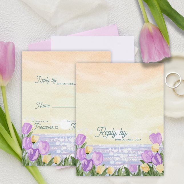 Romantic Beach Sunset Purple Florals Wedding Reply RSVP Card (Romantic Beach Sunset Purple Florals Wedding Reply RSVP Card)