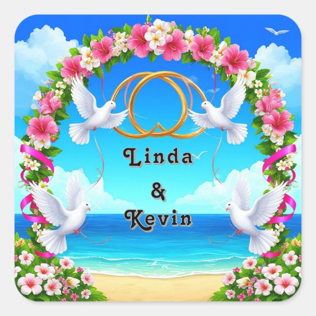 Romantic Beach Wedding Bridal Gift, Wedding Favour Square Sticker (Front)